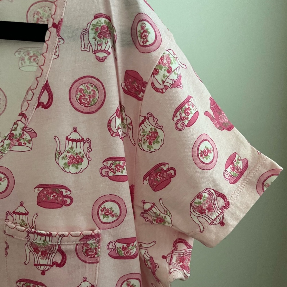 Midnight by Carole Hochman Pink and Green Tea Print Nightshirt 100 %Cotton - Picture 6 of 11
